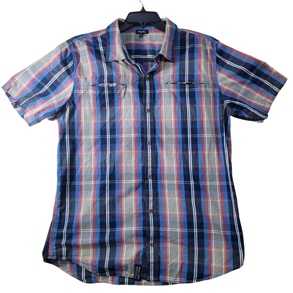 Lng Wovens Mens Plaid Short Sleeve Button Down Shirt‎ XL Blue Red Gray Casual